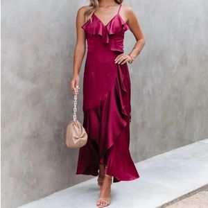 Satin Ruffle Maxi dress Wine color. Never worn.